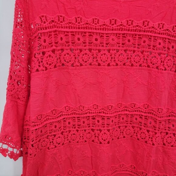 Plus Size Blouse Embroidered Crochet Crewneck Sheer 3/4 Sleeve 2XL Womens Red - Picture 3 of 12